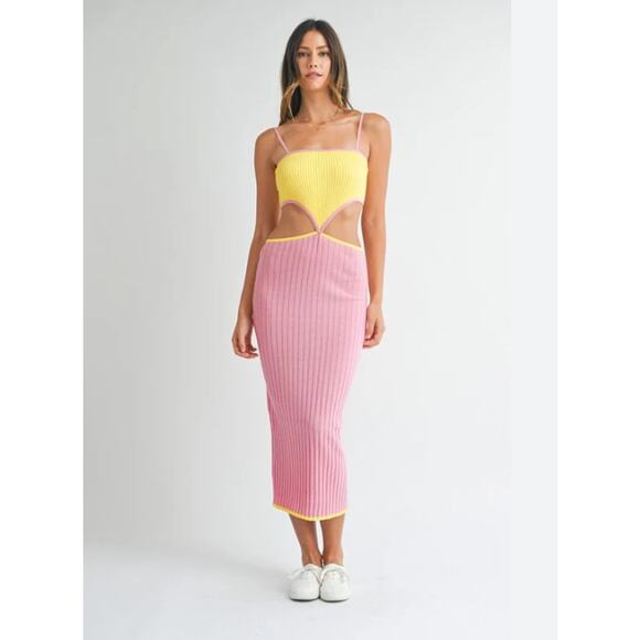 Mable Dresses & Skirts - Mable Color Block Cutout Midi Dress Ribbed Pink and Yellow M